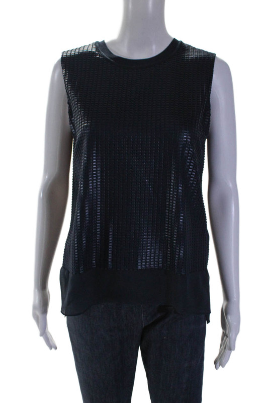 Vince Womens Geometric Patchwork Layered Sleeveless Tank Blouse Navy Size S