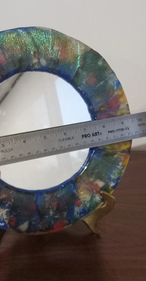 Unique Petite Artisan Circular Wall Mirror W/ Art Glass Iridiscent Colors Frame  - Image 4 of 4