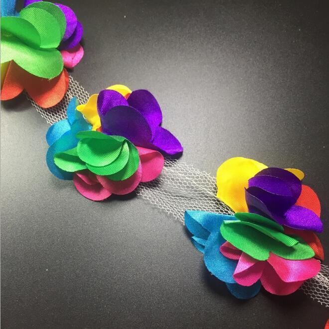 2 Yards Colorful Chiffon flowers Lace Decoration Dress Applique Sewing