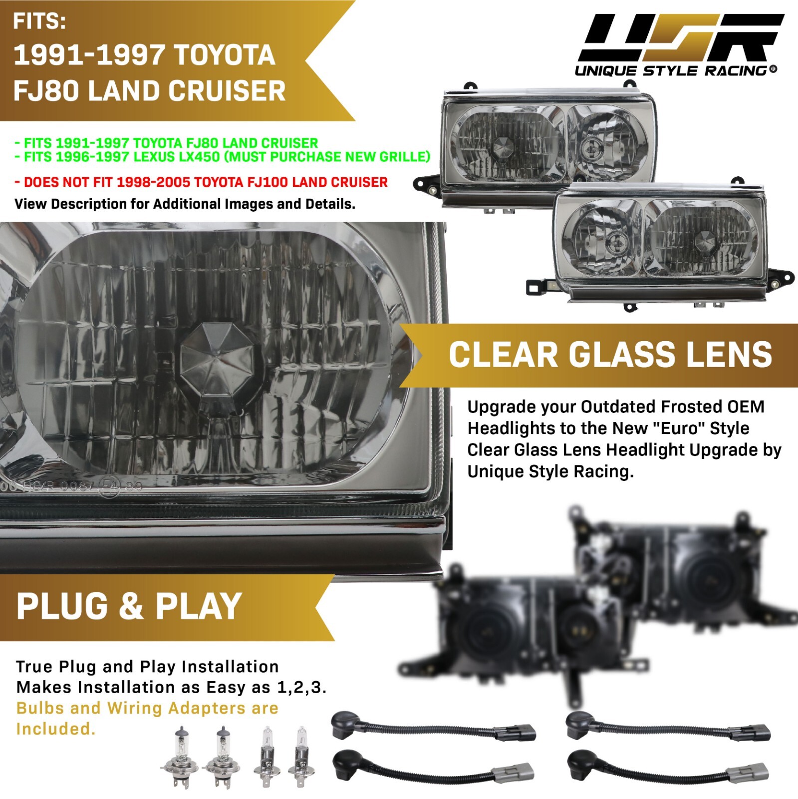 USA Plug & Play EURO Crystal Glass Headlights For 91-97 Toyota 