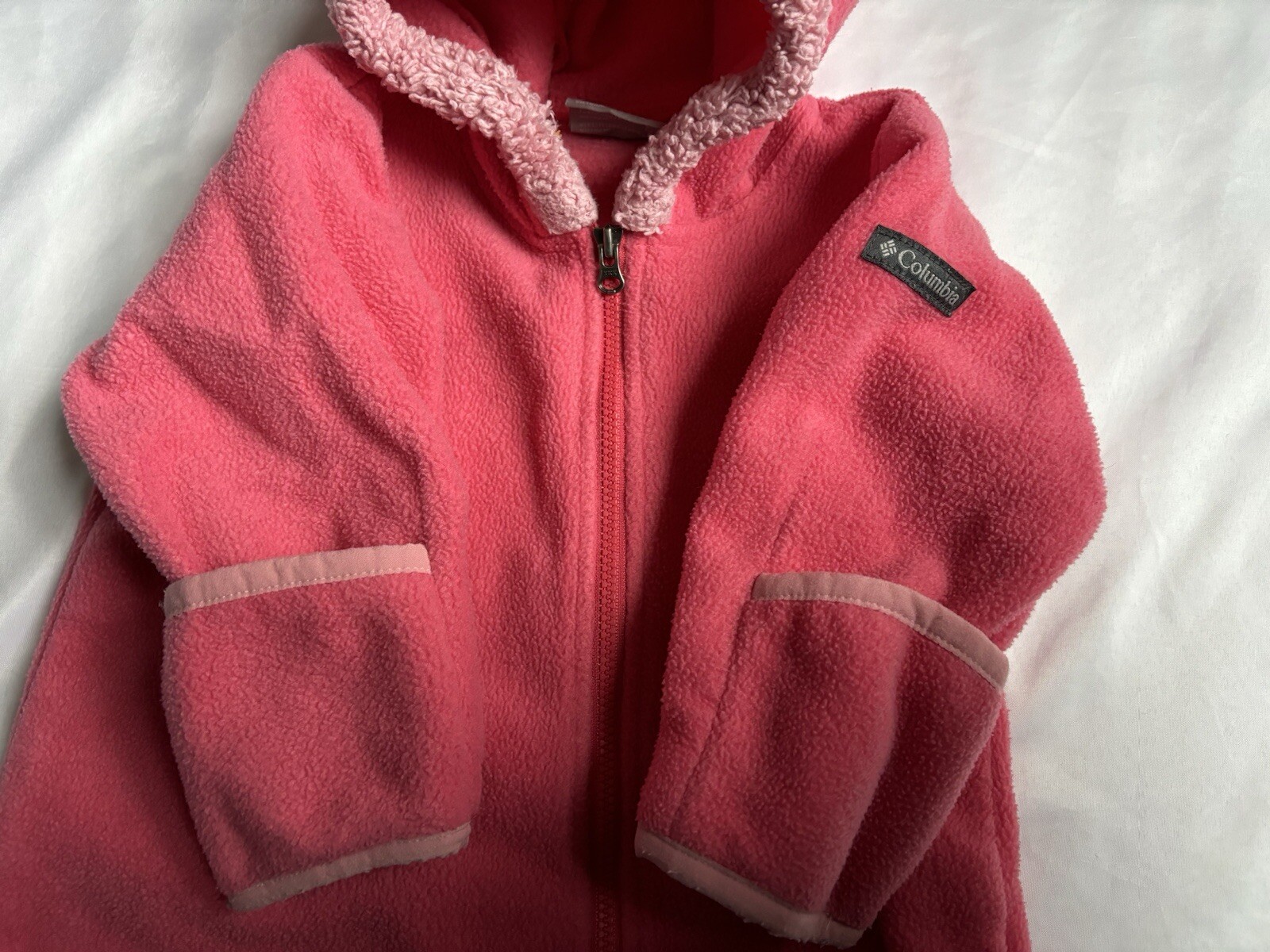 Columbia FLEECE Bunting Sz 6-12 Hood Zip Coat Pink Bear Warm Romper thumbnail 3