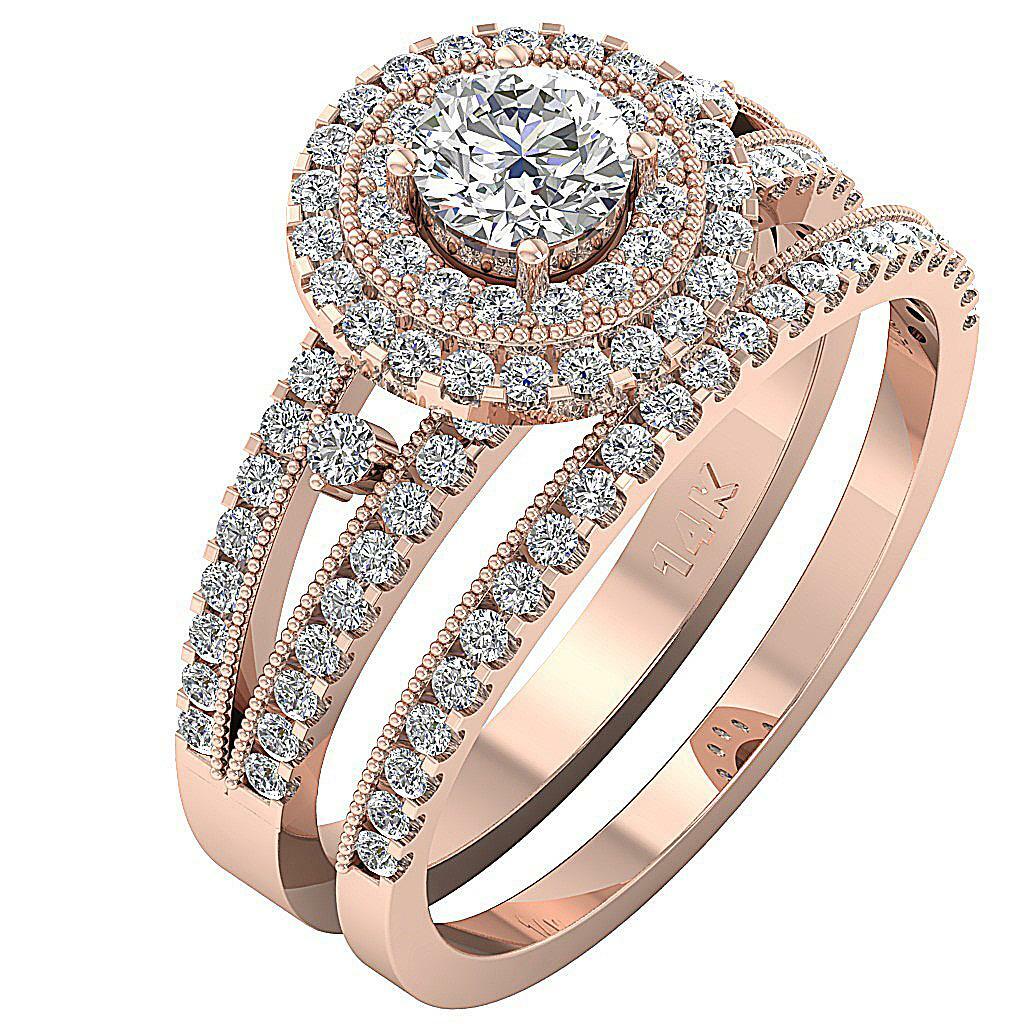 Halo Split Shank Bridal Ring Set SI1 G Round Diamond 14K Rose Gold 