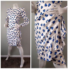 VTG 80s CAROLINA HERRERA CH Heart Print SILK RUFFLE Drape Dress M L B38