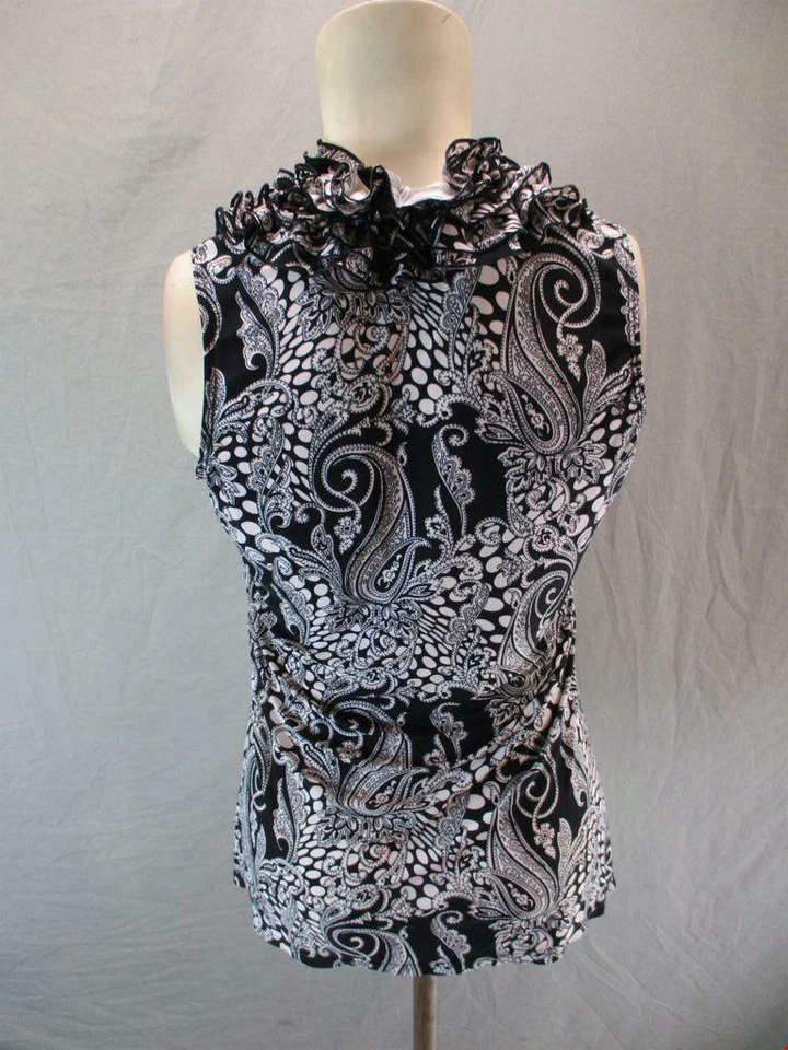 Blusa Camisa Top Milano Talla M Mujer Negra/Blanca Sin Mangas Volantes Cuello 6G888 Foto 4 de 4