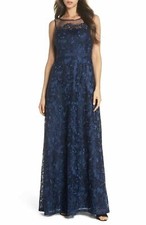 Adrianna Papell AP1E203062 Metallic Embroidered Floral Gown SZ 4 Midnight