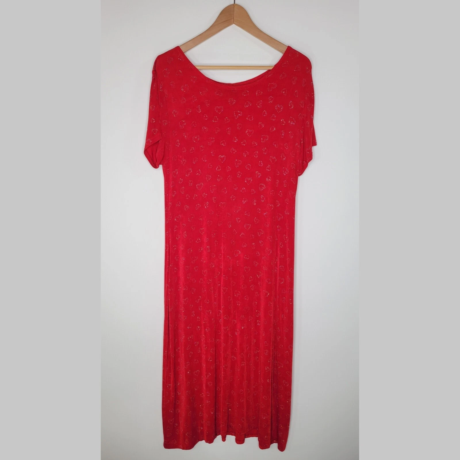 Abito Midi Vintage MOLLY MALLOY Slinky Rosso Stampa Cuore Taglia L San Valentino Scintillante
