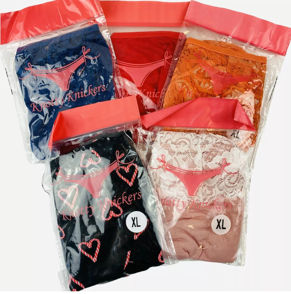 Knotty Knickers 5-Pack XL Panties in Black Pink Stripe Blue Red 2173