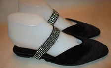 A New Day Maxine Women 7M Black Velvet, Rhinestone Strap Flat Almond Toe Mules