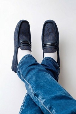Calvin Klein Men's Blue CK Logo Leather Slip-On Loafers Rubber Sole 7.5