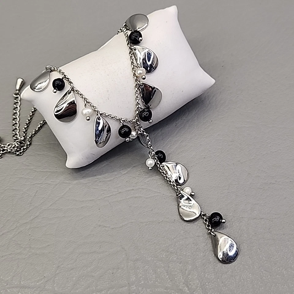 Lia Sophia Necklace Y Drop Silver Tone Teardrop Charms Freshwater Pearls 18" - Image 2 of 4
