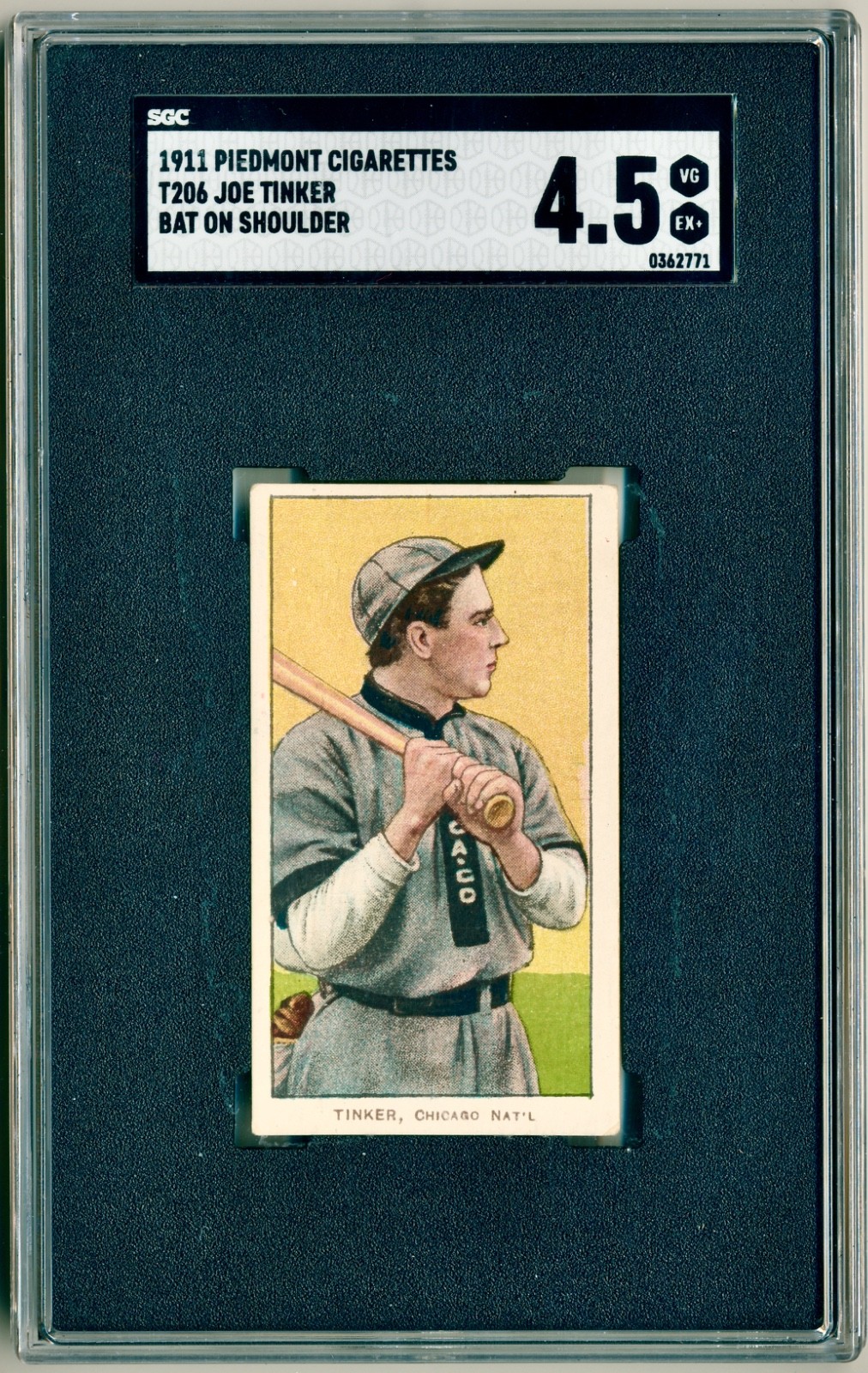 1909-11 Piedmont T206 Joe Tinker [Bat on Shoulder]. SGC Graded 4.5 VG/EX+ RARE!