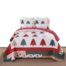 Holiday Forest 3 Pcs Festive Christmas Tree Quilt Bedspread Set BY219