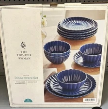 The Pioneer Woman Colette Scallop Blue 12-Piece Stoneware Dinnerware Set Durable