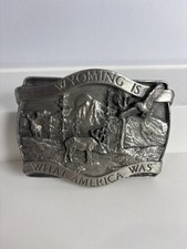 1981 Bergamot Brass Works Wyoming Belt Buckle   Pewter Western Wildlife
