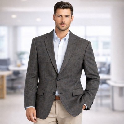 Lauren Ralph Lauren 100% Lambswool Sport Coat Blazer 42R Brown Plaid Woolmark