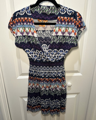 Tory Burch Multicolor Geometric Rayon Knit Stretch Logo V-Neck A-Line XS