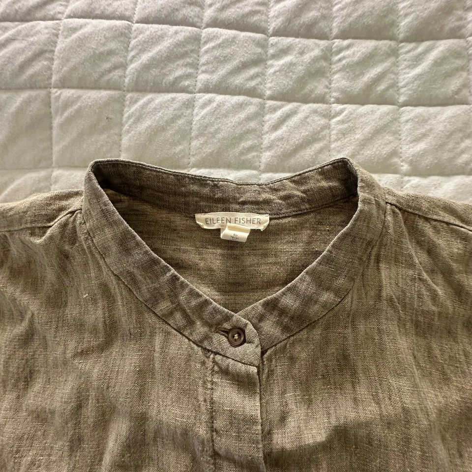 EILEEN FISHER Top 女式小号中号棕色有机亚麻纽扣 Lagenlook — 第 2/4 张图片