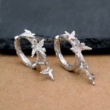 925 Sterling Silver Butterflies hammered Hinged Huggie Hoop Earrings A4649