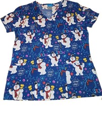 CHRISTMAS Frosty the Snowman Blue Medical SCRUB TOP Adult Sz S Snow Day
