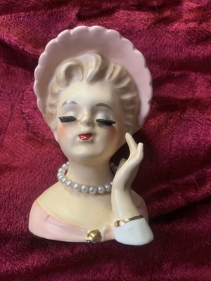 Vintage Lady Head Vase Inarco 1963 E 1277 Pink Hat Necklace Lashes Cleve OH