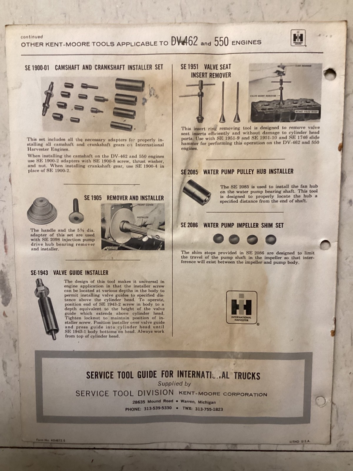 Vintage International Harvester Motor Truck Kent Moore Tool 550 Engine Brochure