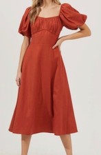 Astr The Label Rust Burnt Orange Linen Blend Smocked Puff Sleeve Midi Dress M