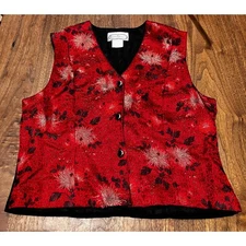 Saint Germain Paris Red Floral Button Front Vest Women’s Large Made in USA