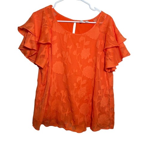 Cato Blouse Women's Medium Orange Lace Sheer Lined Short Sleeve Shirt Top