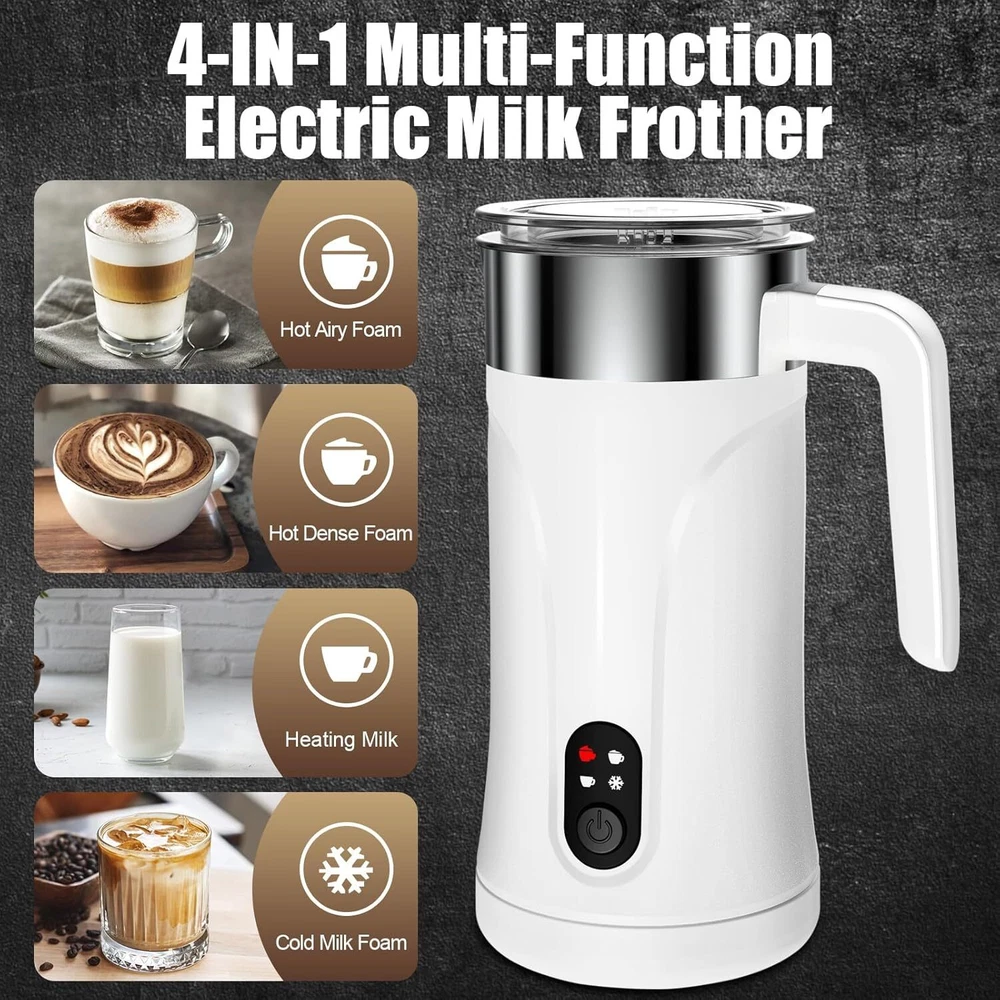 Milk frother, upgraded 4 in 1 milk frother and steamer for coffee, latte, white