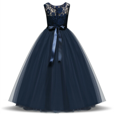 New Lace Wedding Long Navy Blue Flower girl Dresses Princess Party Kids  Clothes | eBay