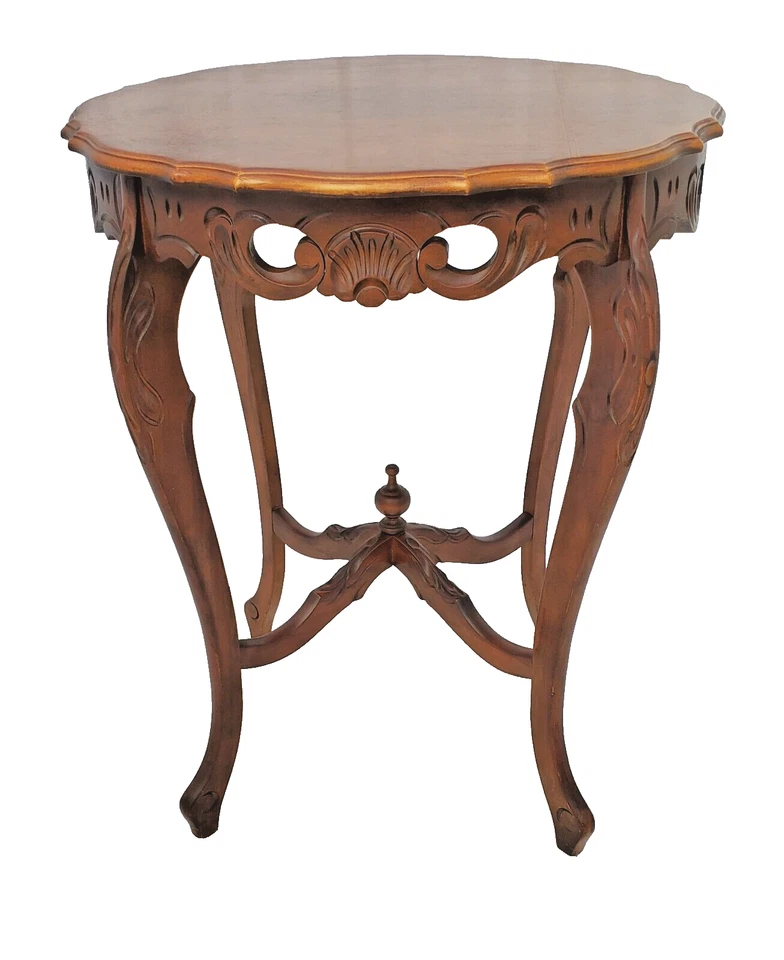 Mesa auxiliar vintage francesa tallada en nogal - tapa festoneada, patas descapotables años 30 Foto 2 de 4