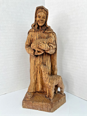 Vintage Wood Hand Carved Statue Woman Baby Lamb Ewe Rustic Folk Art France 7.75 