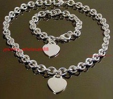 Women Set Stainless Steel Heart Tag Charm Necklace  Bracelet Oval Chain 8mm