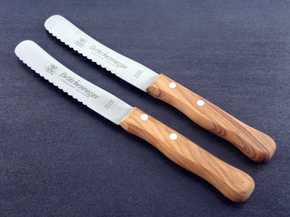 Frühstücksmesser Fuchs scharfe Welle Edelstahl Griff Olivenholz 2 Stück Neu OVP - Bild 2 von 3