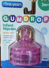 The First Years Gumdrop Infant Nipples Medium Flow 3M-1pk As Shown-NEW-SHIP24 HR