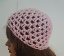 NEW PINK SEQUIN SPARKLE OPEN WEAVE BEANIE HAT HAND MADE CROCHET BERET SKULL CAP
