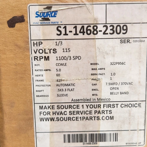 ~Discount HVAC~ YP-S114682309 - Source1 - Blower Motor - 1/3HP - 115V - 1100 RPM