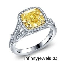 2.18CT Cushion Cut Real Citrine 14K 2-Tone Gold FN Split Shank Halo Wedding Ring