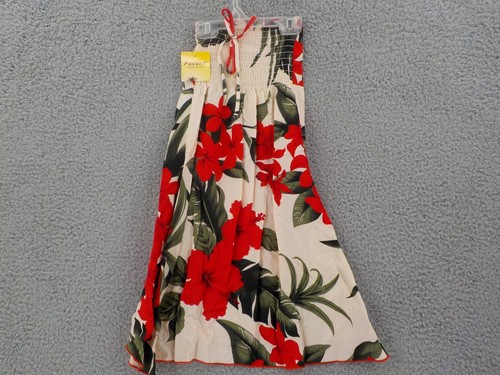 Favant Girls Butterfly Dress SZ 8 Cream Red Hibiscus Palm Elastic Front Bodice