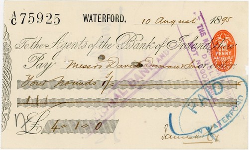 CHEQUE IRLANDA 1895 WATERFORD DAVID DRIMMIE - Imagen 2 de 3