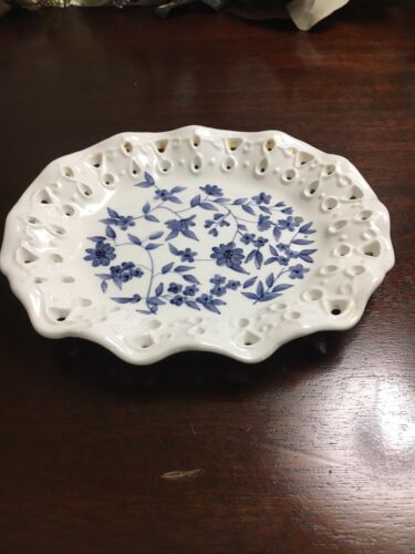 Oval Scalloped Reticulated White Porcelain Bowl/Tray Blue Floral Home Interiors - Picture 1 of 8