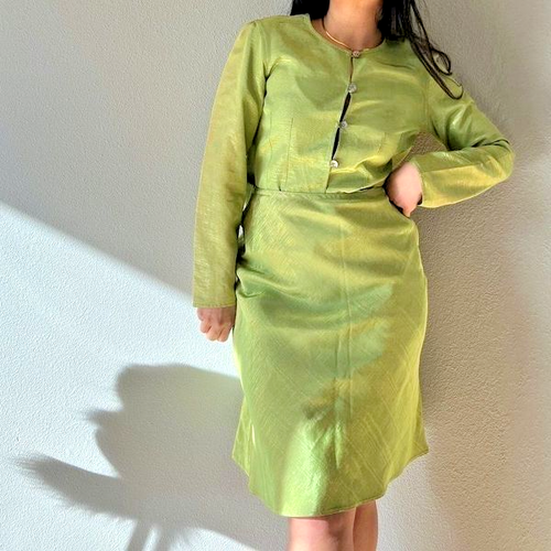 Vtg 90s Suit Set Skirt Jacket shimmer lime green metallic bias cut small 6