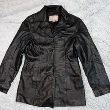 Nine West Jacket Womens S Black Leather Button Up Pockets Casual Softshell