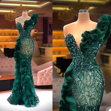 Luxury Beaded Mermaid Evening Dresses Elegant Side Split Ruffles Tulle PromDress