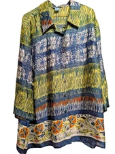 Koret Shirt Womens 1X Blue Green Button Front 3/4 Sleeve Floral Border Blouse