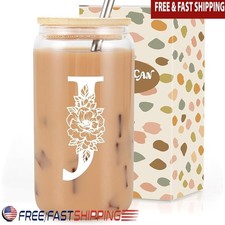 Monogrammed Glass Cup 16oz Personalized Tumbler Coffee Drinkware Birthday Gift