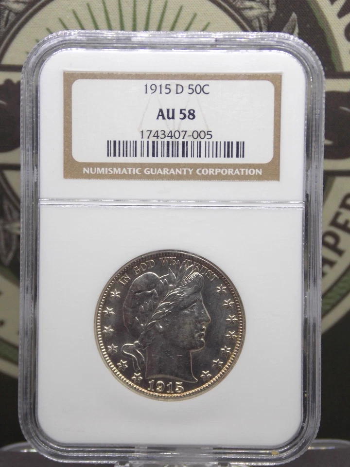 1915 "D" Barber SILVER Half Dollar 50c NGC AU58 #005 About Uncirculated ECC&C - Image 3 of 4