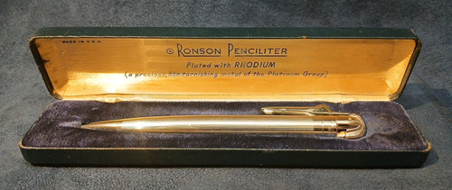 Gorgeous Unfired Ronson Penciliter Rhodium Plated-Original Box-1940-50s MINT