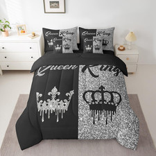 Crown Queen  King Bedding Set - Black  Grey, Perfect for Couples  Gifts