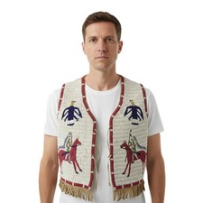 Vintage Beaded Fringe Powwow Vest Mens Cream Western Horse Rider Motif Red Trim